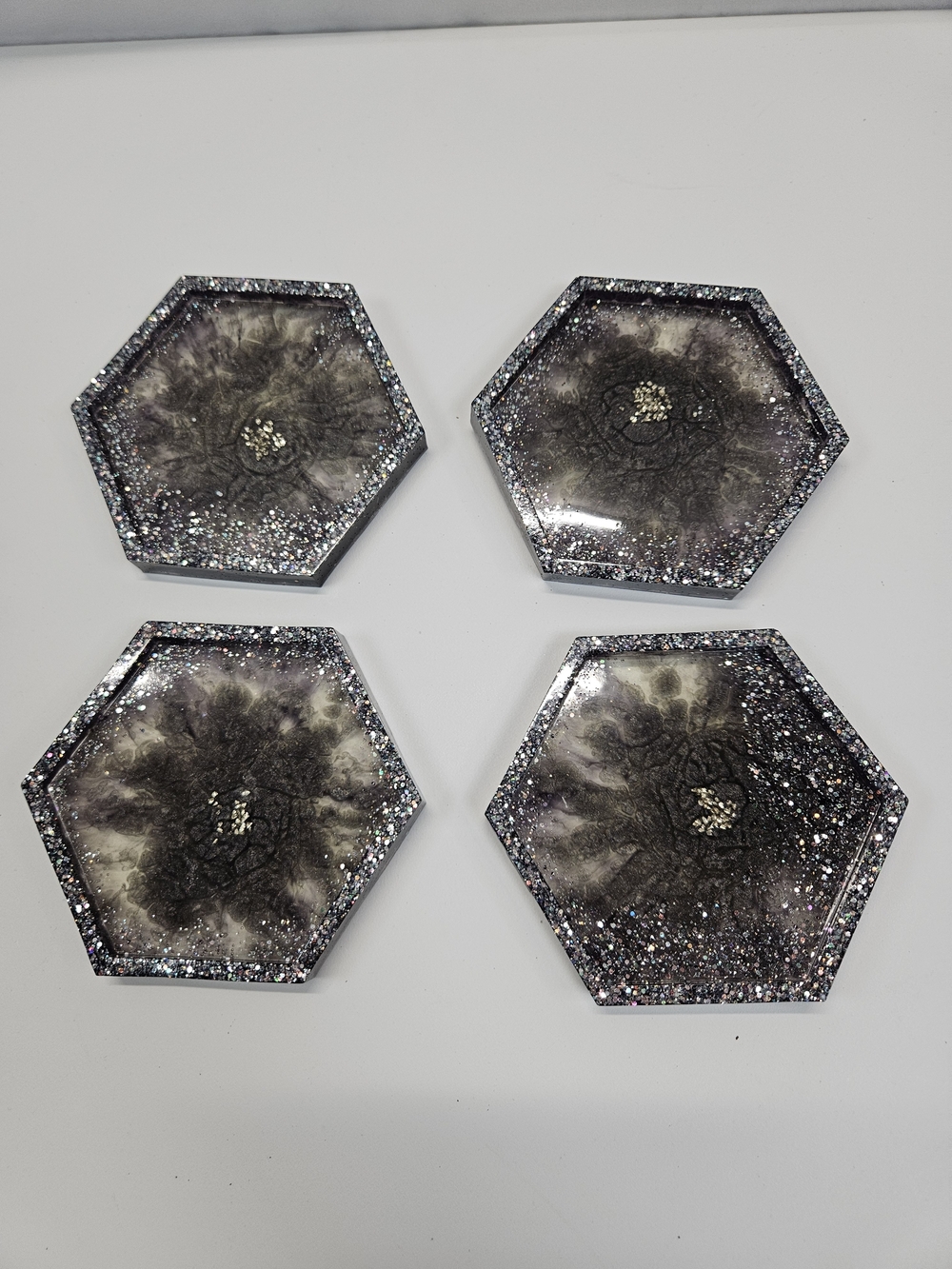 Handmade Resin Geode Coasters Hexagon Set of 4 Black Silver Glitter Gold Flakes